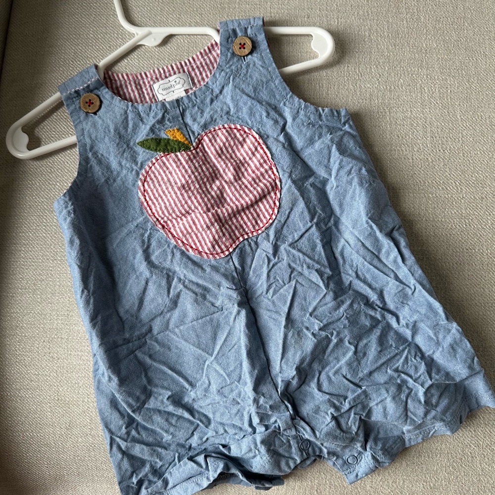 Blue Sleeveless Jon Jon Romper with Apple Patch